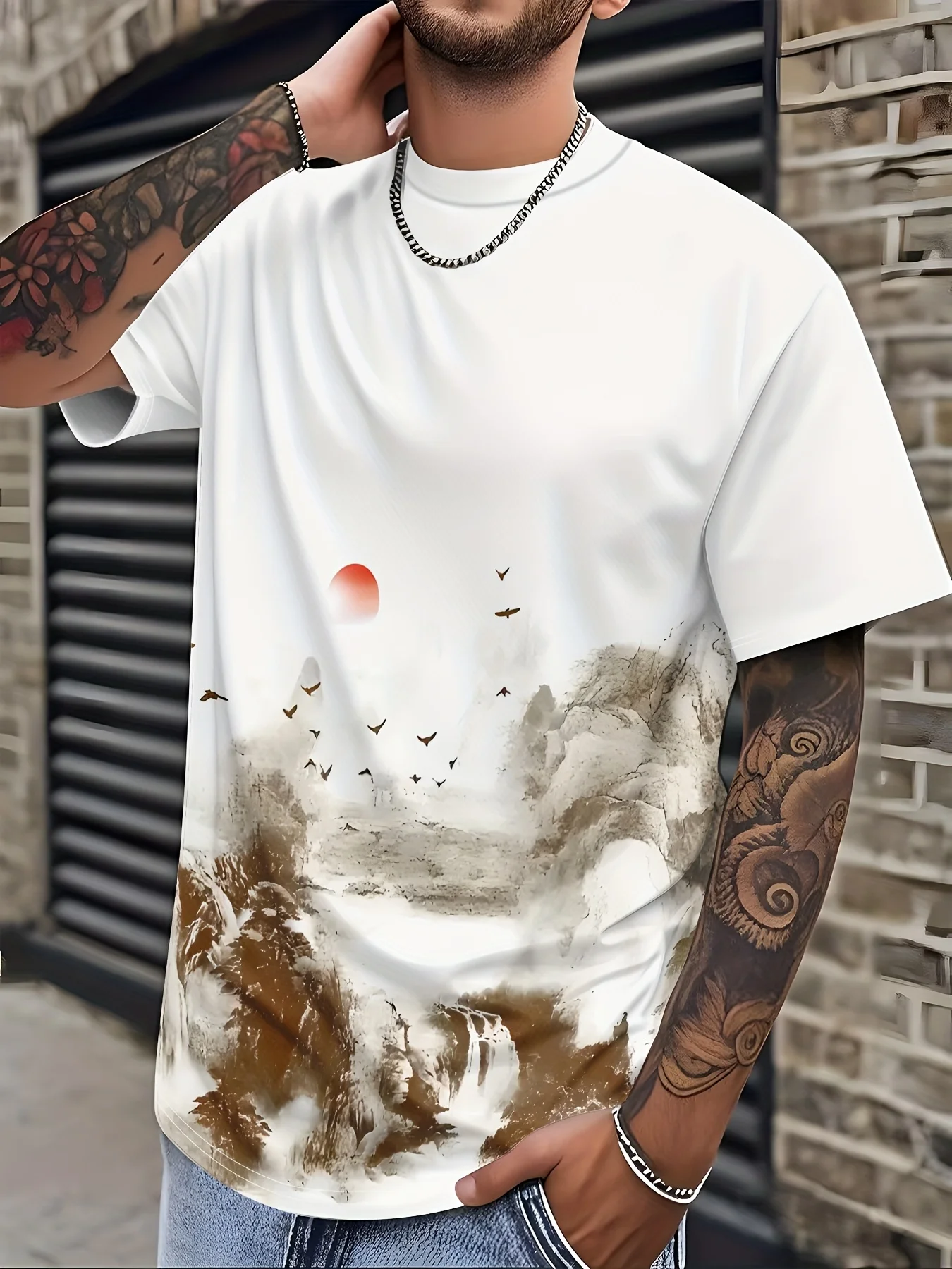 Fashion Men Oriental Ink Mountain Waterfall Bird Sunset Print T Shirt Crew Neck Short Sleeve Casual Daily Tops