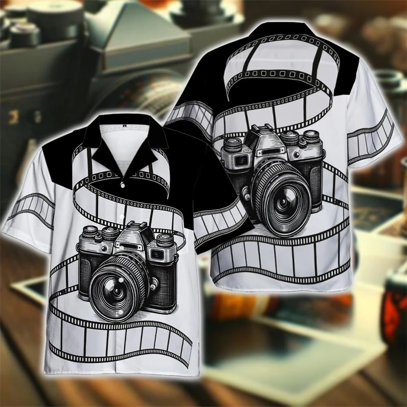 Vintage Camera Graphic Beach Shirts Hip Hop Photographer Shirt For Men Clothes Photos Male Lapel Blouse Women Button Clothing