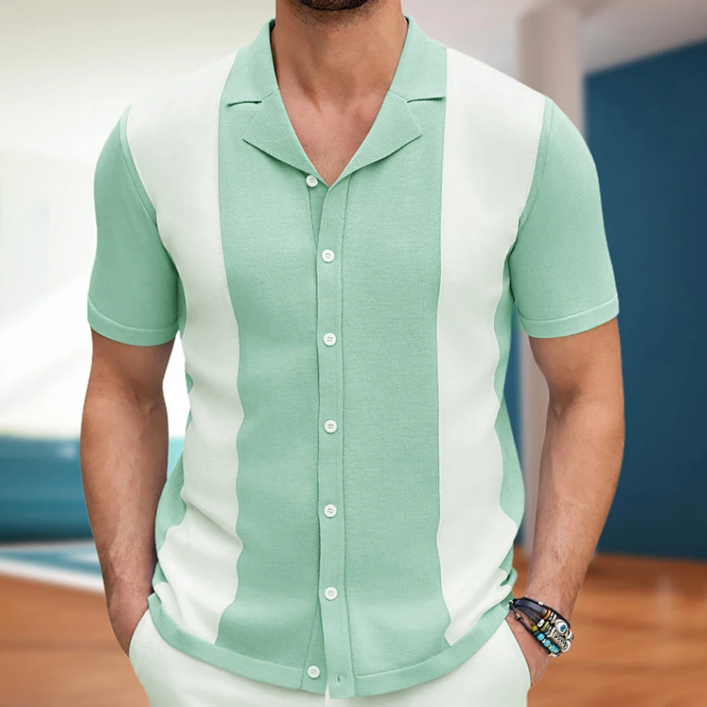 

Mens Casual Contrast Color Knitted Short-Sleeved Polo Shirt 2024 New Fashion Business Comfortable Retro Versatile Shirt For Men