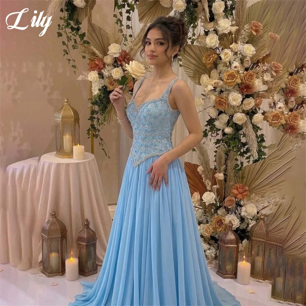 Lily Blue Evening Dress Wide Straps Crystal Bodice Party Dress Pleated Chiffon vestidos de fiesta A Line Prom Gowns Customized