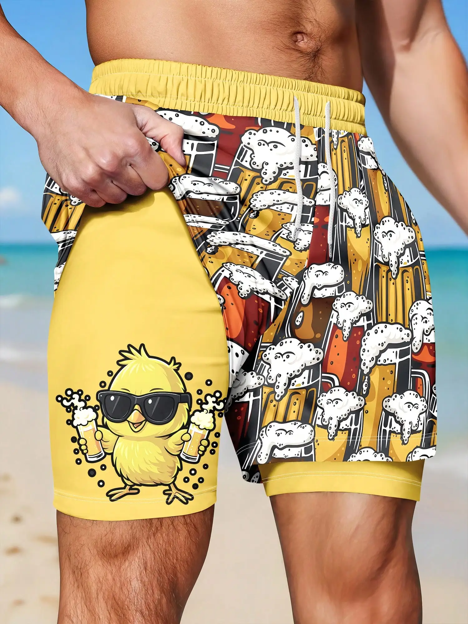 

Men's Summer Vacation Style Beer Print Double-Layer Beach Shorts