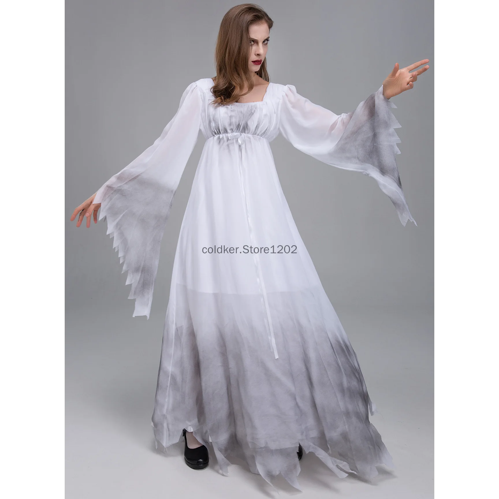 Adult Women Gossamer Ghost Bride Costume Dress White Gothic Victorial Scary Spooky Zombie Halloween Cosplay Dress Up