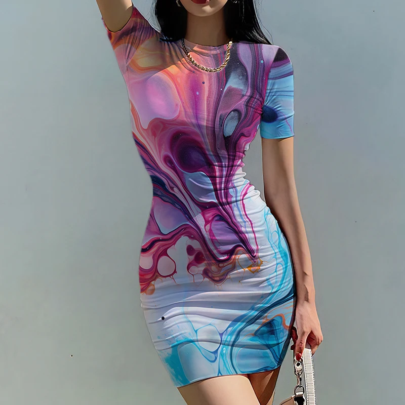 Summer new ladies slim dress color blooming 3D printed lady dress beautiful lady slim dress trend fashion ladies slim dress