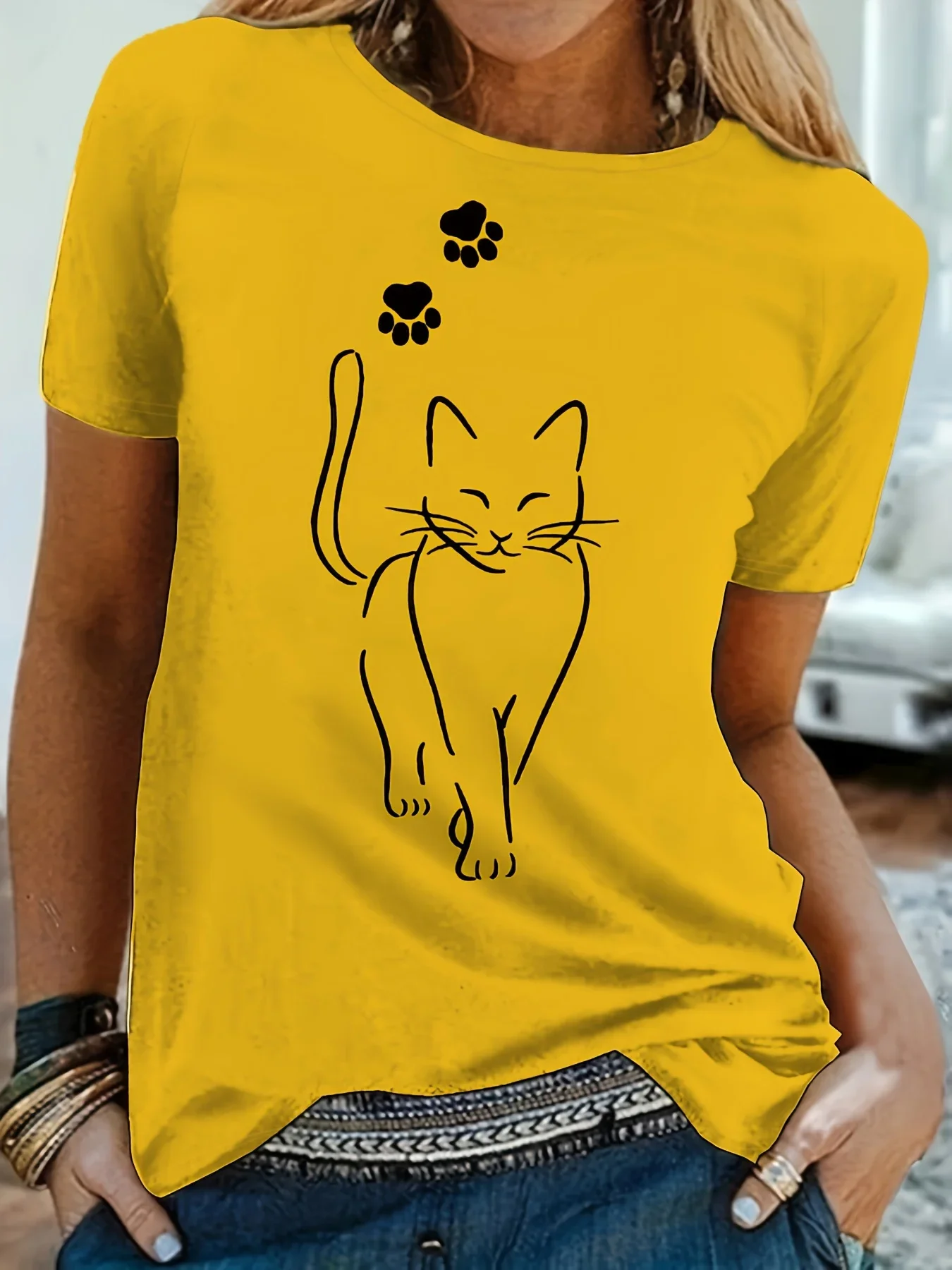 

Casual T-shirt, Women's Plus Cute Cat & Paw Print Short Sleeve Round Neck Medium Stretch T-shirt