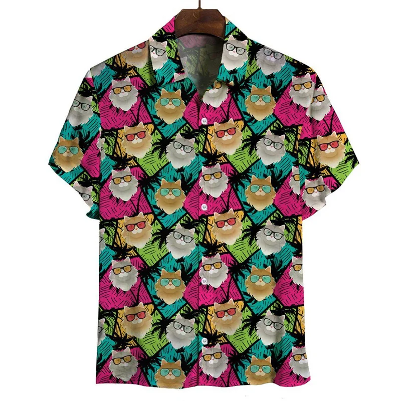 Retro Cat Tropic Aloha Shirts For Men 3D Printed Animal Short Sleeve Streetwear Button Blouse Oversized Lapel Hawaiian Shirt