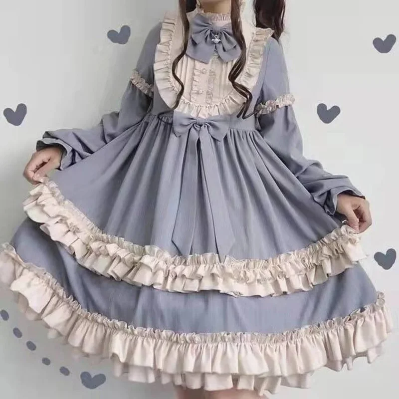 Classical vintage lolita dress for women soft sisters temperament long sleeve girls op sweet cute daily bow ruffle dress oi5844