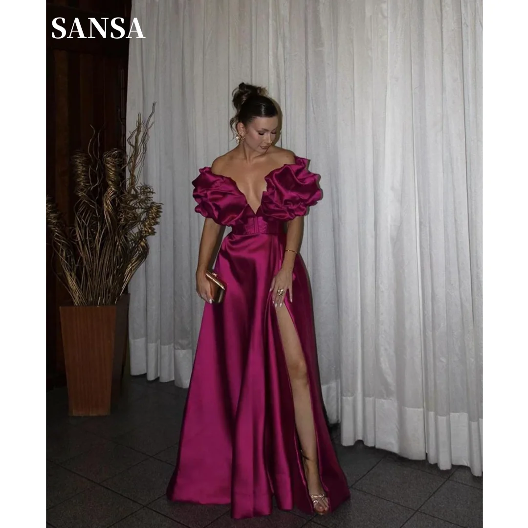 Sansa Elegant Purple A-line Prom Dresses Sexy Side High Split Satin Vestidos De Noche Deep V-neck Vestidos De Fiesta