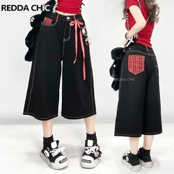 REDDACHiC Red Plaid Patchwork Baggy Jorts Women Low Rise Black Jeans Summer Casual Wide Leg Denim Short Pants Retro Y2k Trousers