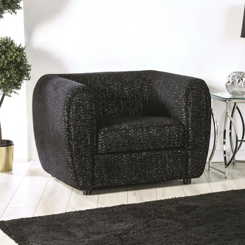 

Contemporary Low Back Chair, Black Box Seat Cushion, Wooden Legs, High-Density Foam, Welt Trim, Tuxedo-Inspired Design