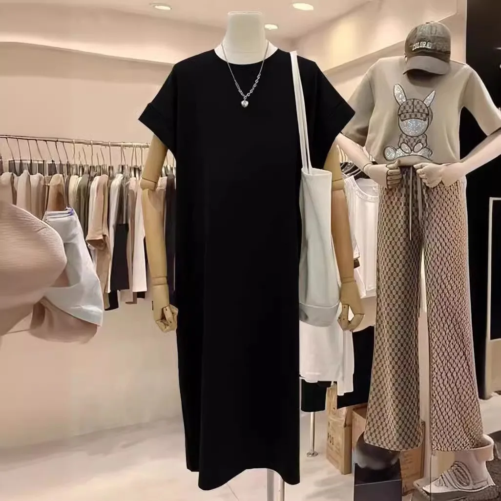 캐주얼 코튼 티셔츠 드레스 여성용 중간 길이 무릎 위 루즈핏 허리 A라인 스커트 순면 의류 반팔 패셔너블 플러스 사이즈