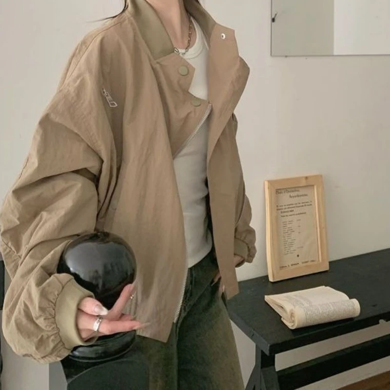 Neutral Design Sense Zipper Long Sleeve Panel Stand-up Collar Trench Coat Jacket Women's Loose Slimming Jacket Top