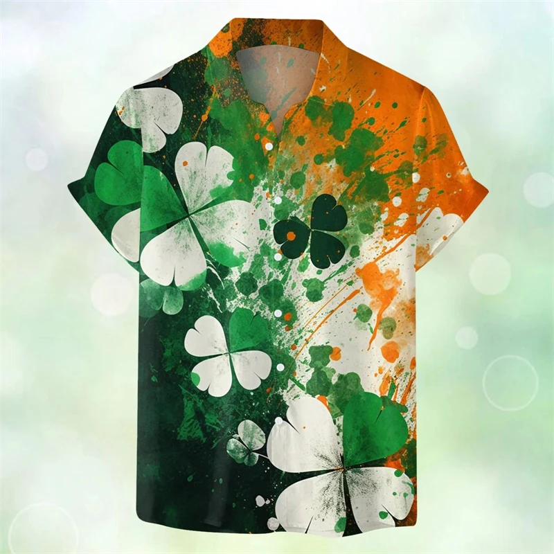 

Mens Shirt Saint Patrick Festive Green Shamrock Print Lapel Short Sleeved Shirt Vintage Solid Shirts Cardigan Men's Blouses