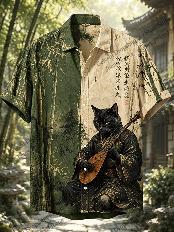 Cartoon Men Women  Fashion Lapel Hawaiian Shirt Japanese Ukiyo-e Samurai Cat 3d Print Shirt Short Sleeve Beach Shirt Men Clothes