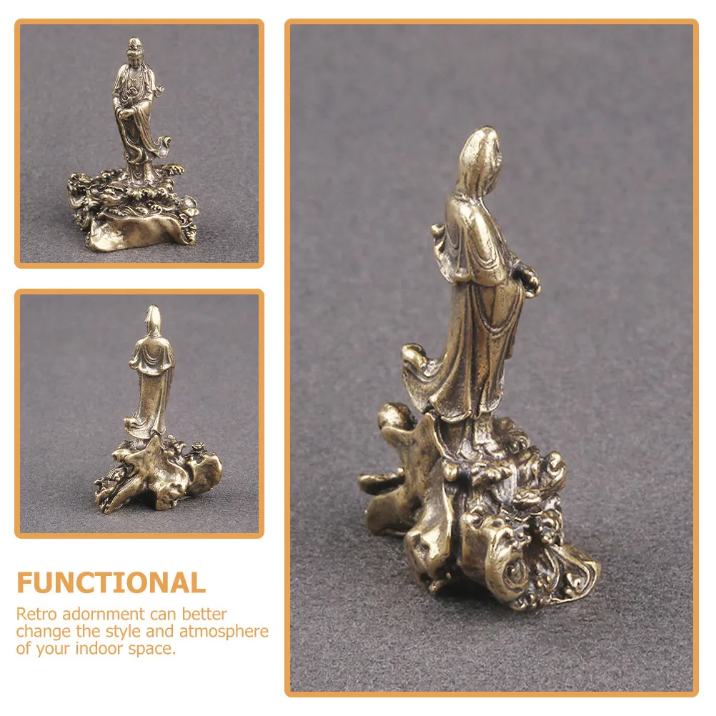 Retro Brass Guanyin Statue Desktop Ornament for Home Office Living Room Bedroom Balcony Garden Indoor Decor Small Compact