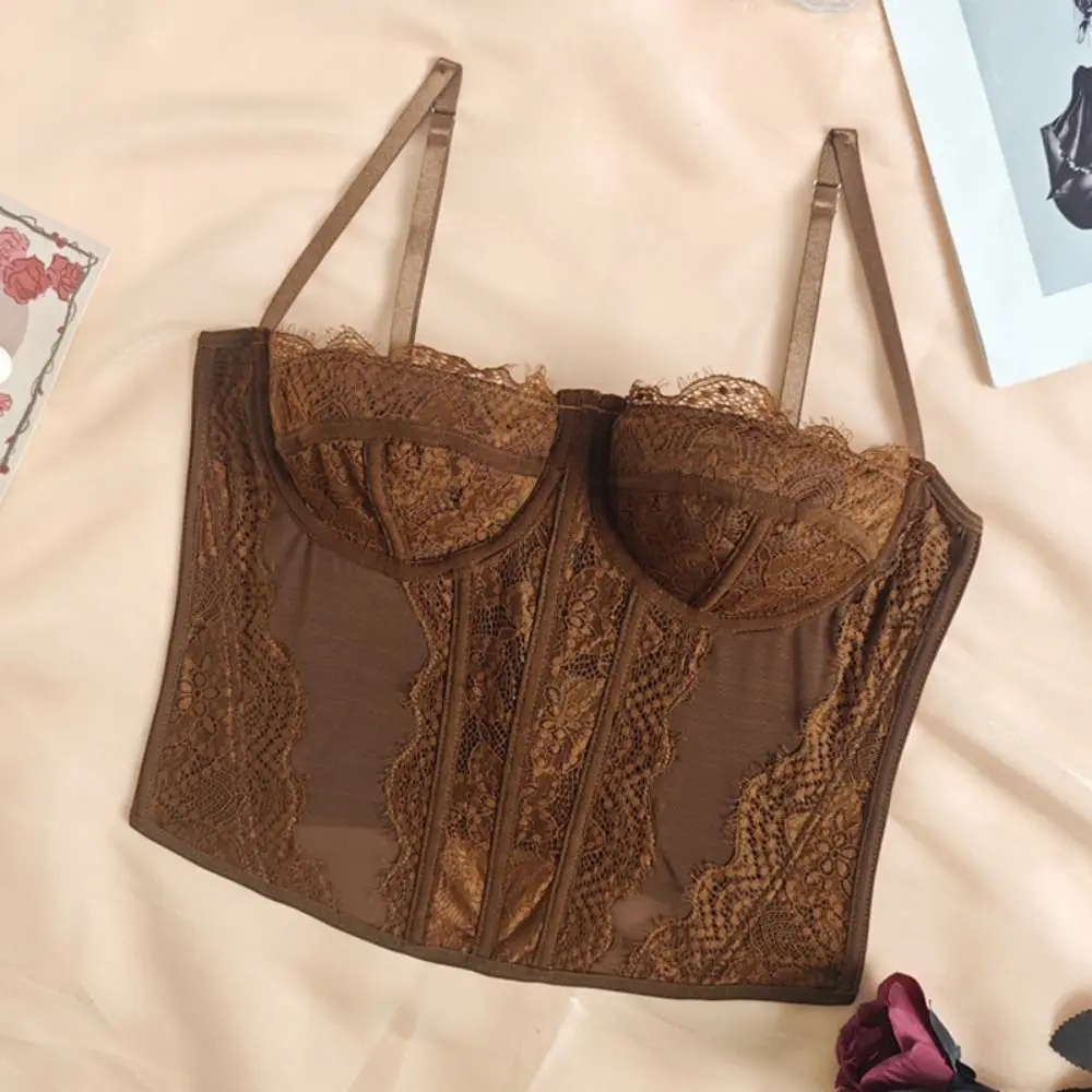 Fashion Hollow Lace Camisole Transparent Sleeveless Lace Corset Streetwear Tanks Crop Tops Spring Summer