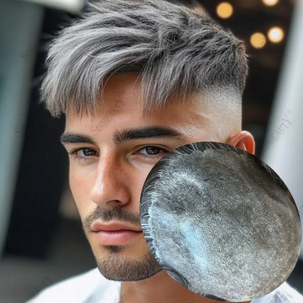 

Естественная линия роста волос # Мужской парик-накладка из натуральных волос 1B80 серо-черного цвета, сверхпрочный, с прозрачной полиуретановой основой 0,1 мм, система замещения волос для мужчин