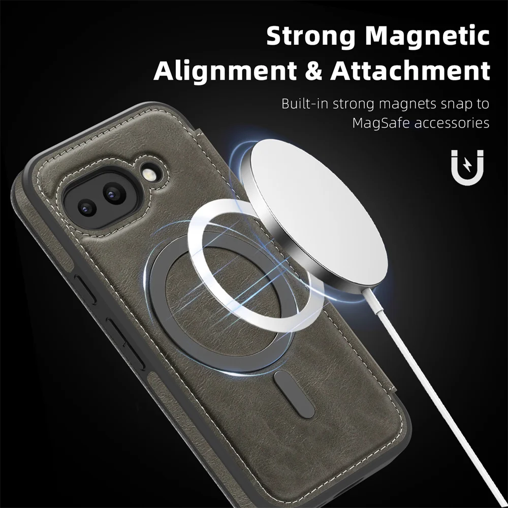 Luksusowe etui na telefon z magnetycznym zamknięciem, skórzanym uchwytem na karty i magnetycznym zapięciem, przeznaczone do modeli Google Pixel 11, 10, 8, 9 Pro XL, 9A. Jednolity kolor, eleganckie etui w stylu biznesowym. — zdjęcie produktu 3