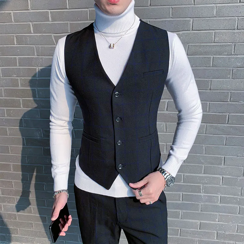 Size S-5XL Boutique Fashion Men\'s Formal Business Plaid Suit Vest Groom Wedding Party Performance Social Male Casual Waist Coat