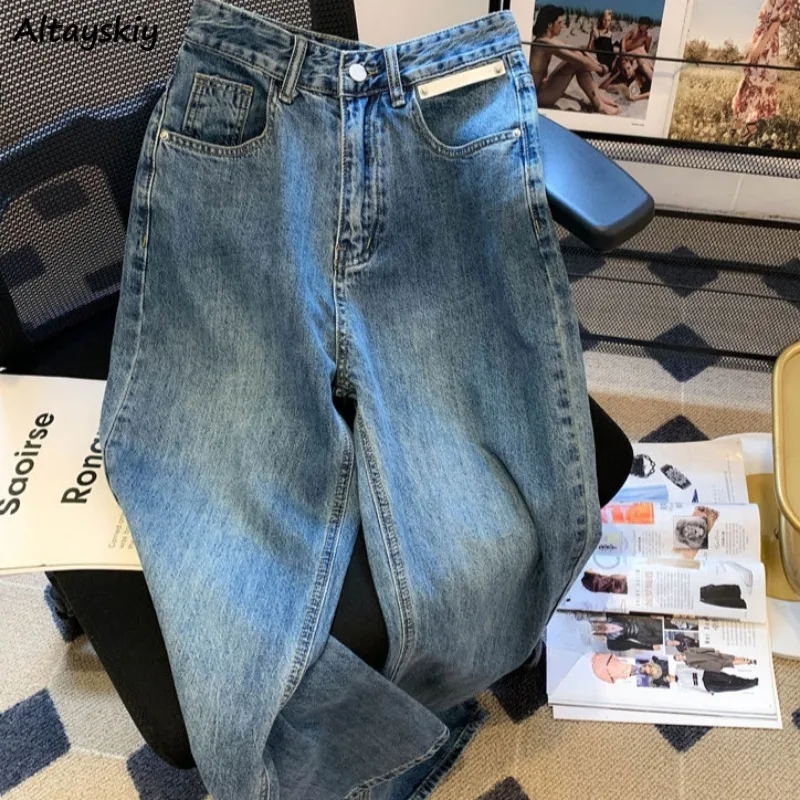 

Straight Jeans for Women Korean Style Spring All-match Vintage High Waist Chic Girls College Ins Simple Design Washed Prevalent