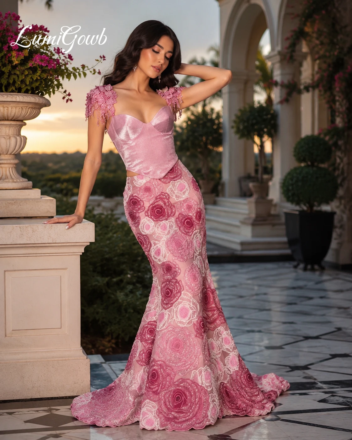 LumiGown Custom Velvet Dusty Pink Lace Corset 2 Piece Gown Cap Sleeve 3D Rose Printed Tulle Mermaid Prom Evening Dress فستان مسا