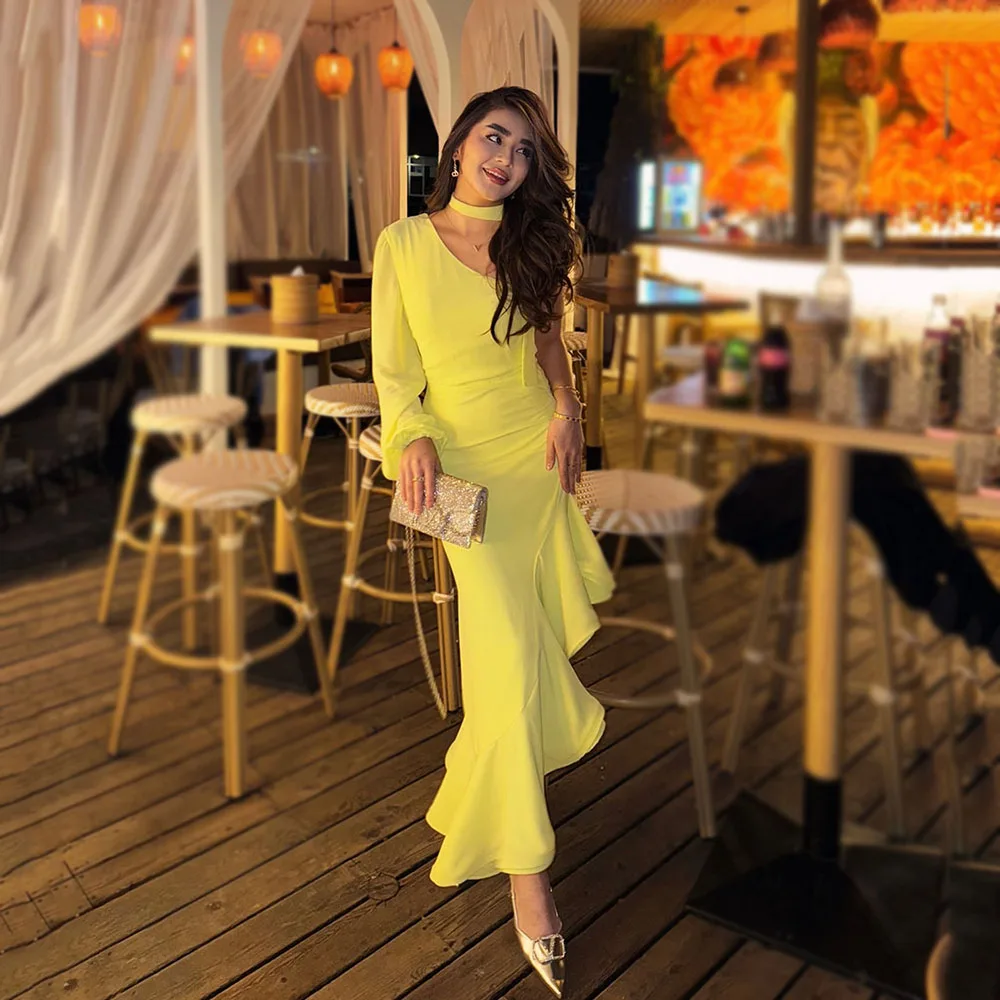 

Msikoods Yellow Formal Dress 2025 One Shoulder Birthday Party Dress Customized Slit Asymmetrical Ruffle Women Evening Dresses