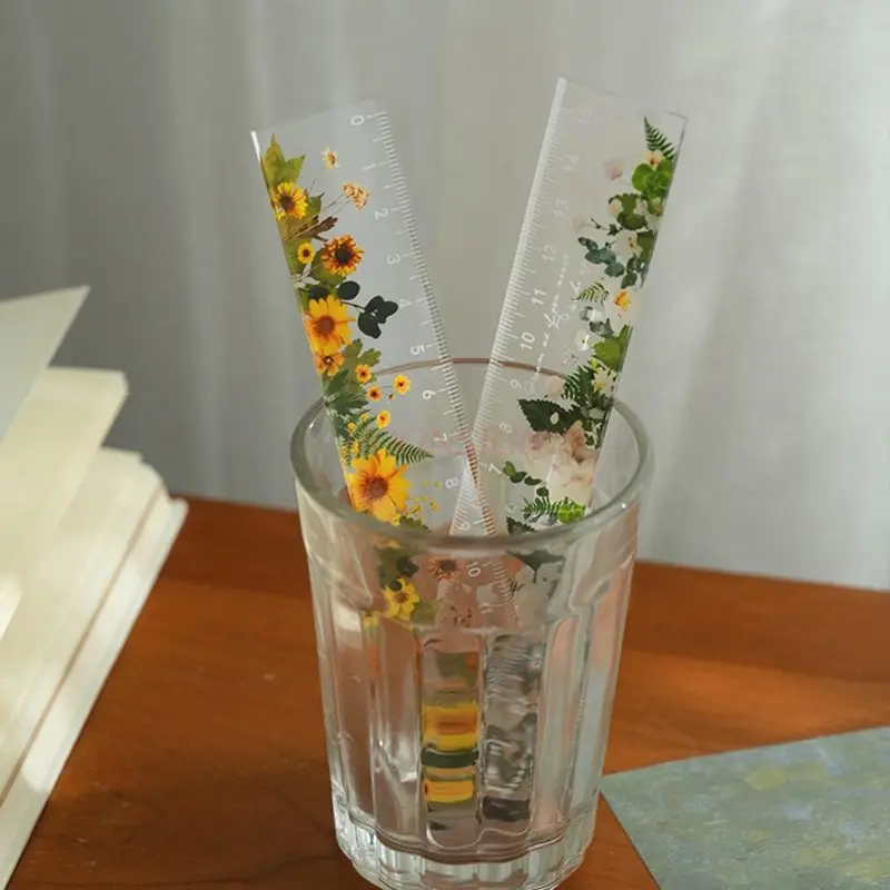 1pcs Simple Flowers and Plants Acrylic Ruler Booklet Student Stationery Straightedge Measurement Text