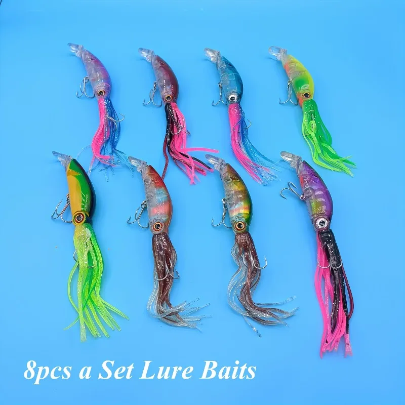 

8pcs Long-Distance Sea Fishing Lures for Big Octopuses And Squids Freshwater Plastic Featuring Realistic Flashy Designs