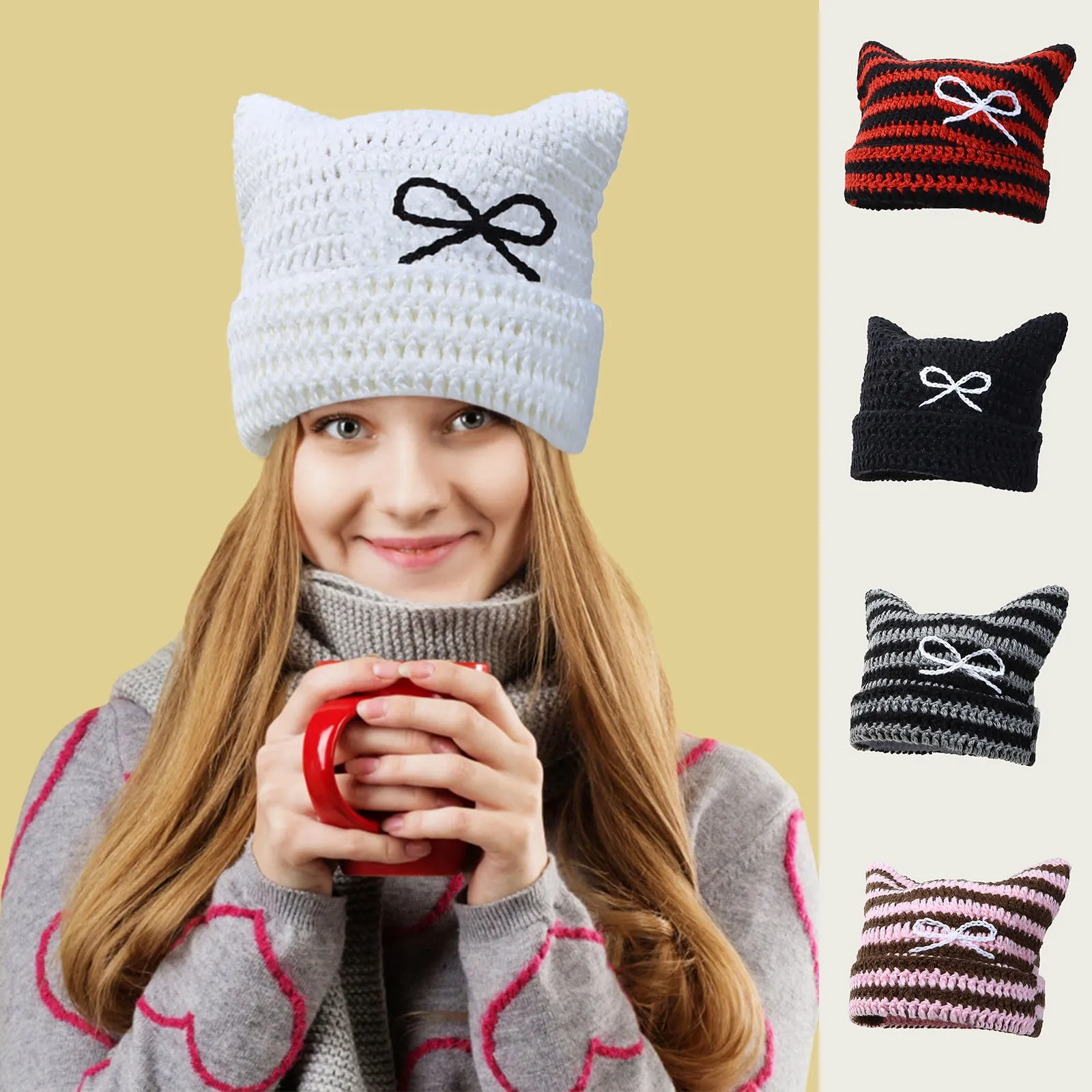 Women Winter Cat Ears Hats Soft Slouchy Striped Knitted Hat Trendy Warm Crochet Braided Knitted Hats solid color Streetwear Cap