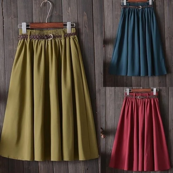 Women Ladies Midi Knee Length High Waist A-line Pleated Skirts with Belt