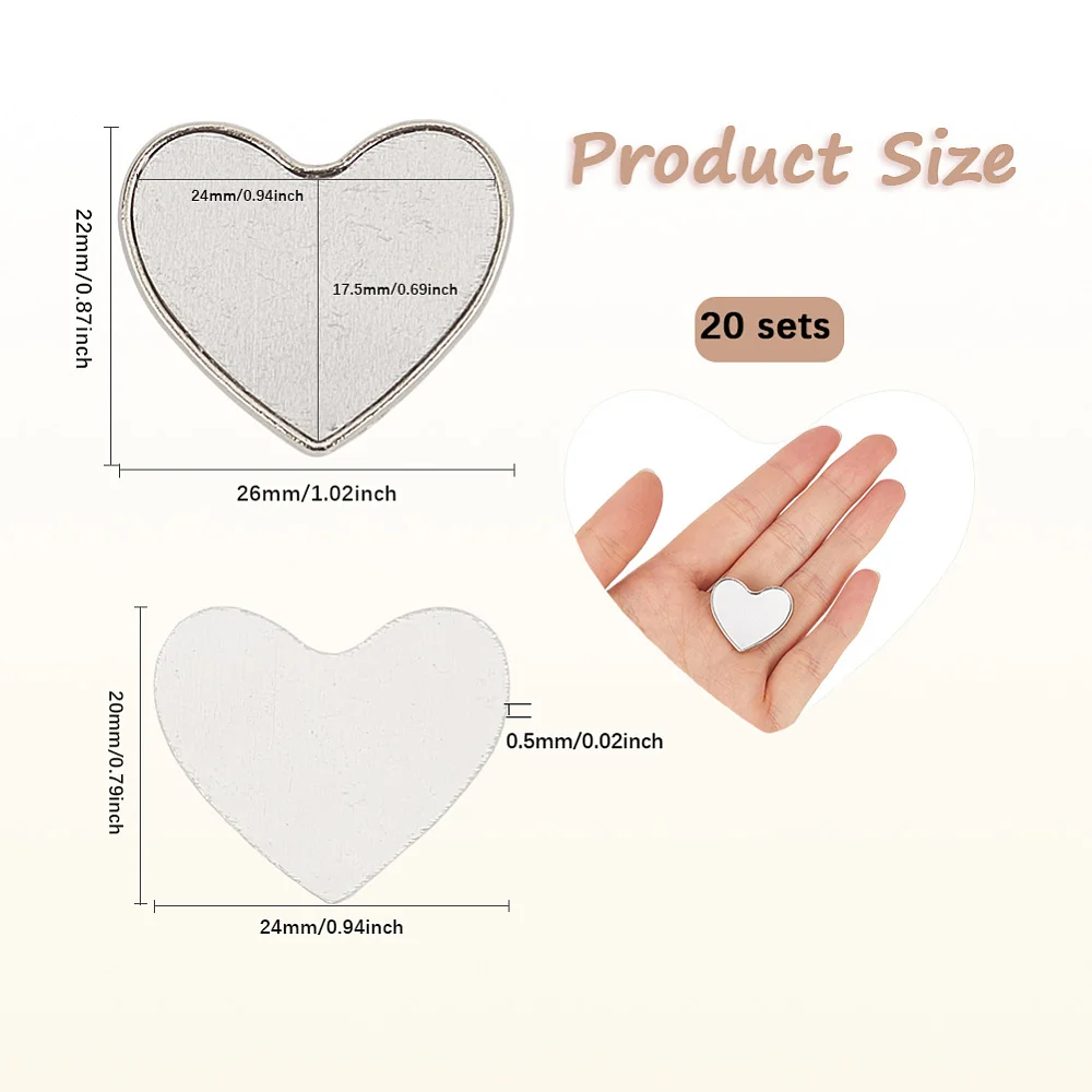 1 Box 20 Sets Sublimation Blank Pins Sublimation Buttons with Pins Silver Heart Shaped Blank Aluminum Sheet Base Pins Badge