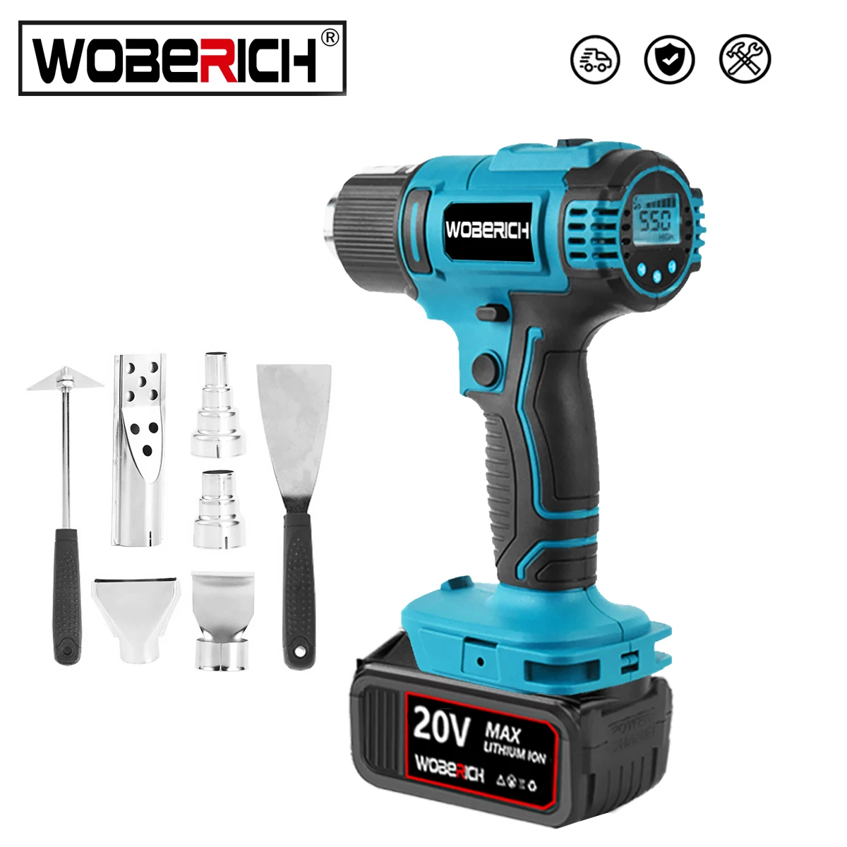 

WOBERICH 50-550℃ Cordless Heat Gun Wind Speed 6 Gear LED Temperature Display Industrial Home Hot Air Gun For Makita 18V Battery