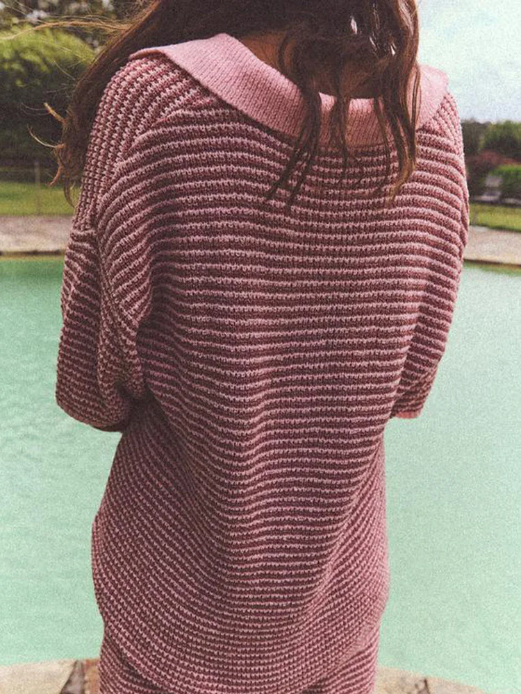 2024 European and American women\'s clothing new loose casual temperament striped lace-up knitted POLO collar top shorts suit