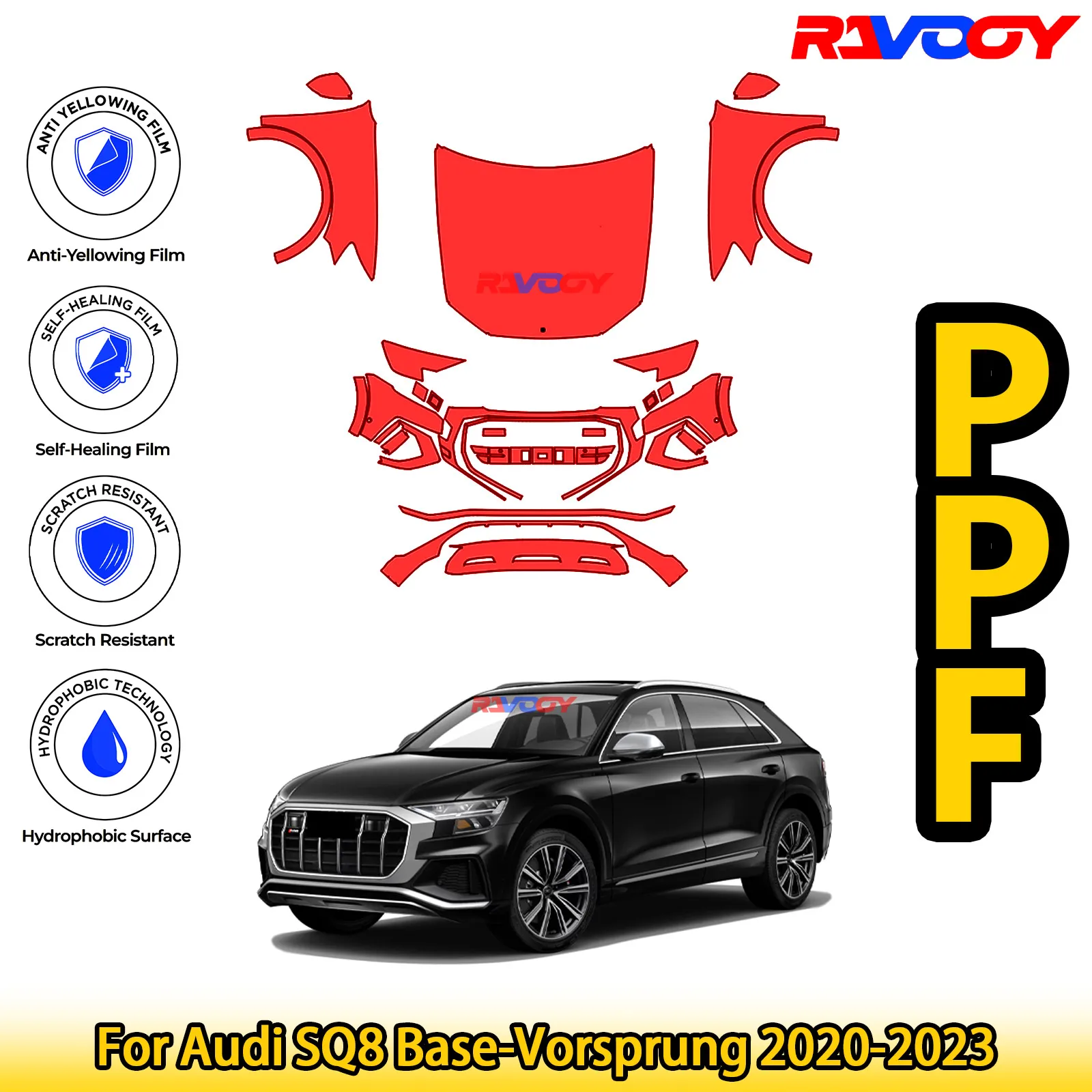 

Для Audi SQ8 Base-Vrachtung 2020-2023 глянцевая матовая черная предварительно вырезанная передняя защитная пленка PPF Kit