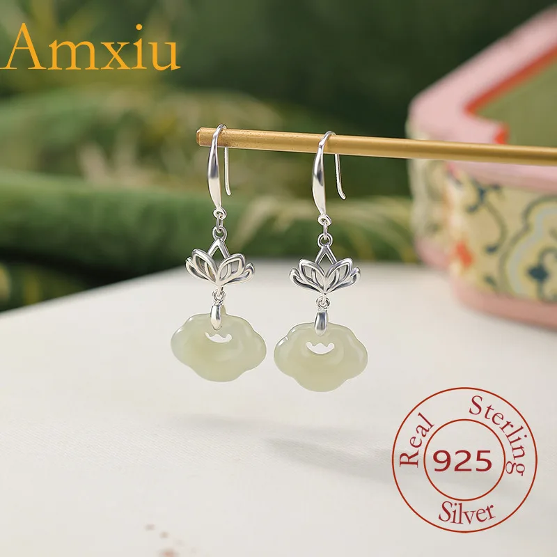 

Amxiu стерлингового серебра 925, натуральный Hetian Qing Shui Jade Ruyi, новые серьги-крючки в китайском стиле с лотосом