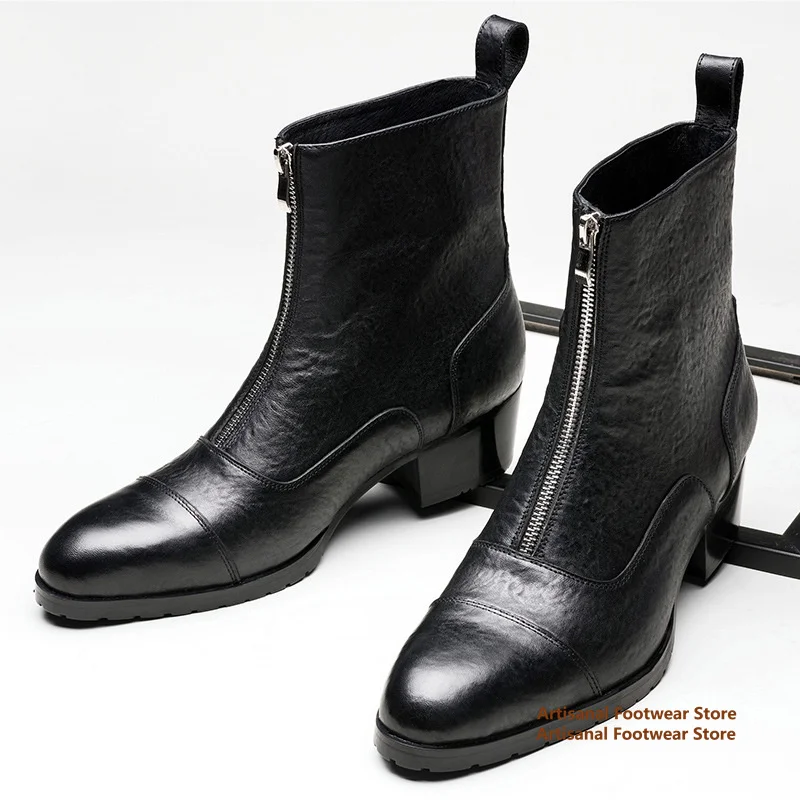 

Front Zipper Chelsea Boots for Men Real Leather Height Increasing High Top Winter Men's Boots Designer Trendy Handmade Men Boots