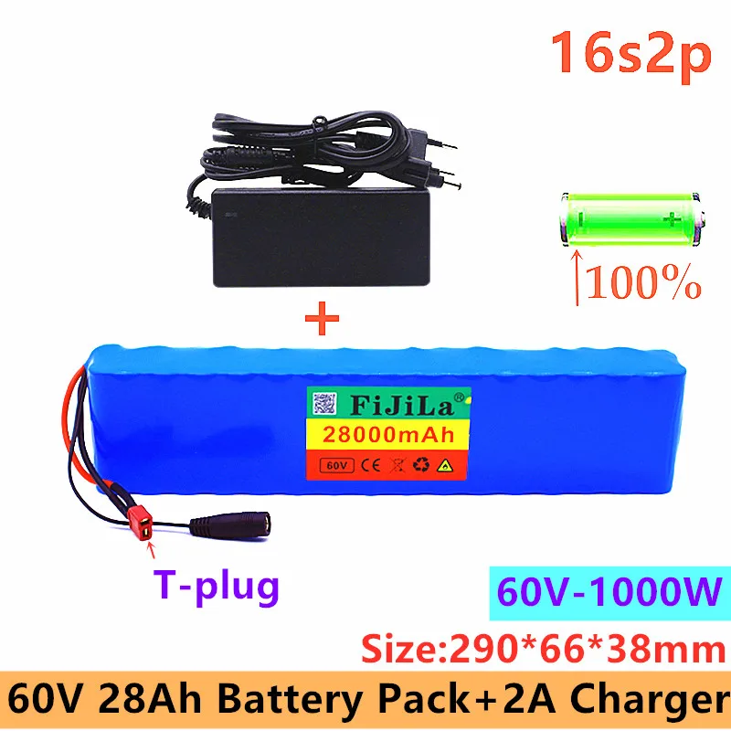 Vélo électrique Avec BMS 18650 Watt Et Chargeur Inclus, Batterie Li-ion 60V 16S2P 28ah 67.2 28000 V 1000 MAh