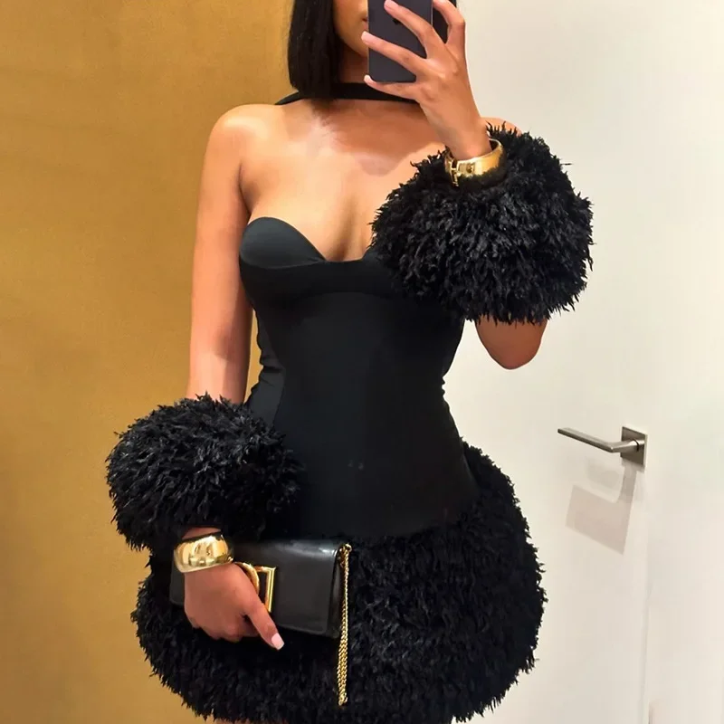 2024 Autumn Fluff Patchwork Bodycon Birthday Party Mini Dress Women Sexy Strapless Halter Backless Clubwear with Sleeve Gloves