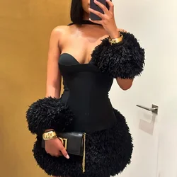 2024 Autumn Fluff Patchwork Bodycon Birthday Party Mini Dress Women Sexy Strapless Halter Backless Clubwear with Sleeve Gloves