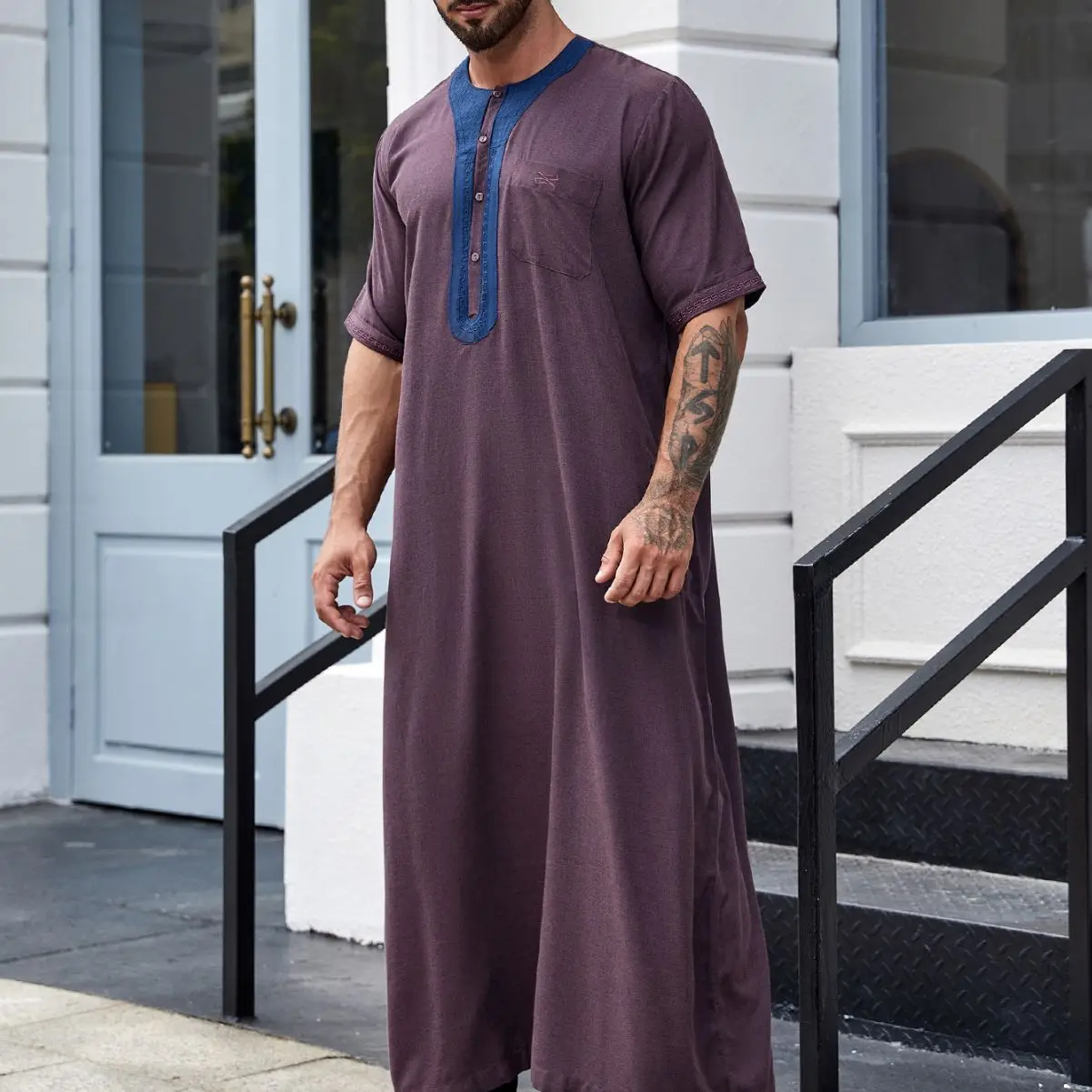 Männer Vintage halbe Ärmel muslimischen Kaftan Roben Freizeit V-Ausschnitt gedruckt Jubba Thobe solide Patchwork arabische Kleidung plus Größe S-3XL