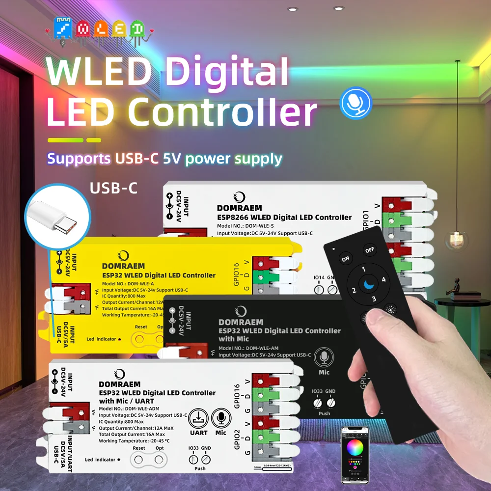 DOMRAEM ESP8266/ESP32 USB-C WLED Digital LED Controller | WS2814/12B/05/APA102 RGB IC Strips | 16A Fuse~0.5W Standby | Mic & UAR