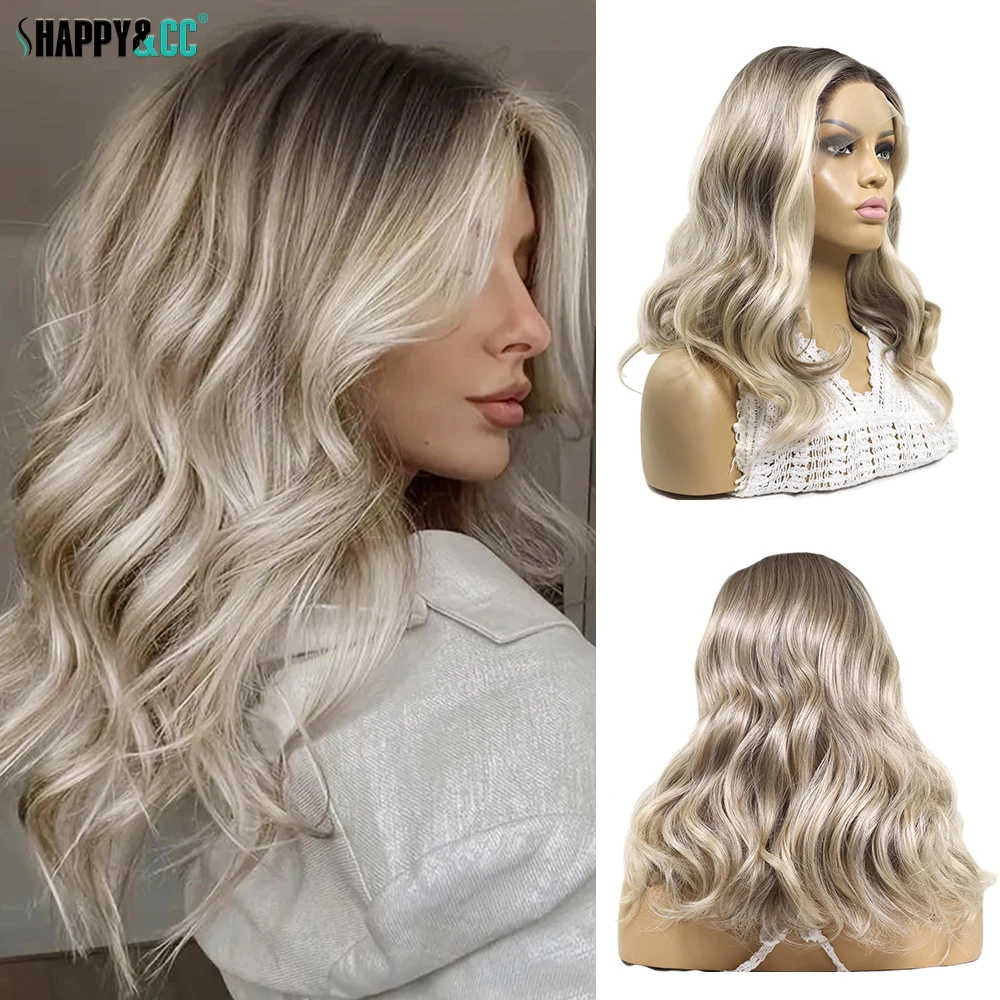 Blonde Short Bob Synthetic Lace Front Wigs for Women Highlight Wavy Dark Roots Blonde Wig Curly Pre Plucked Hair Wig Daily Use