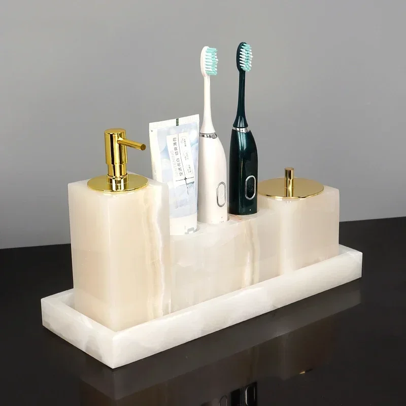 Luxury natural marble White jade bathroom eight piece set of  Home hotel toothbrush cup soap box lotion bottle tray decoration