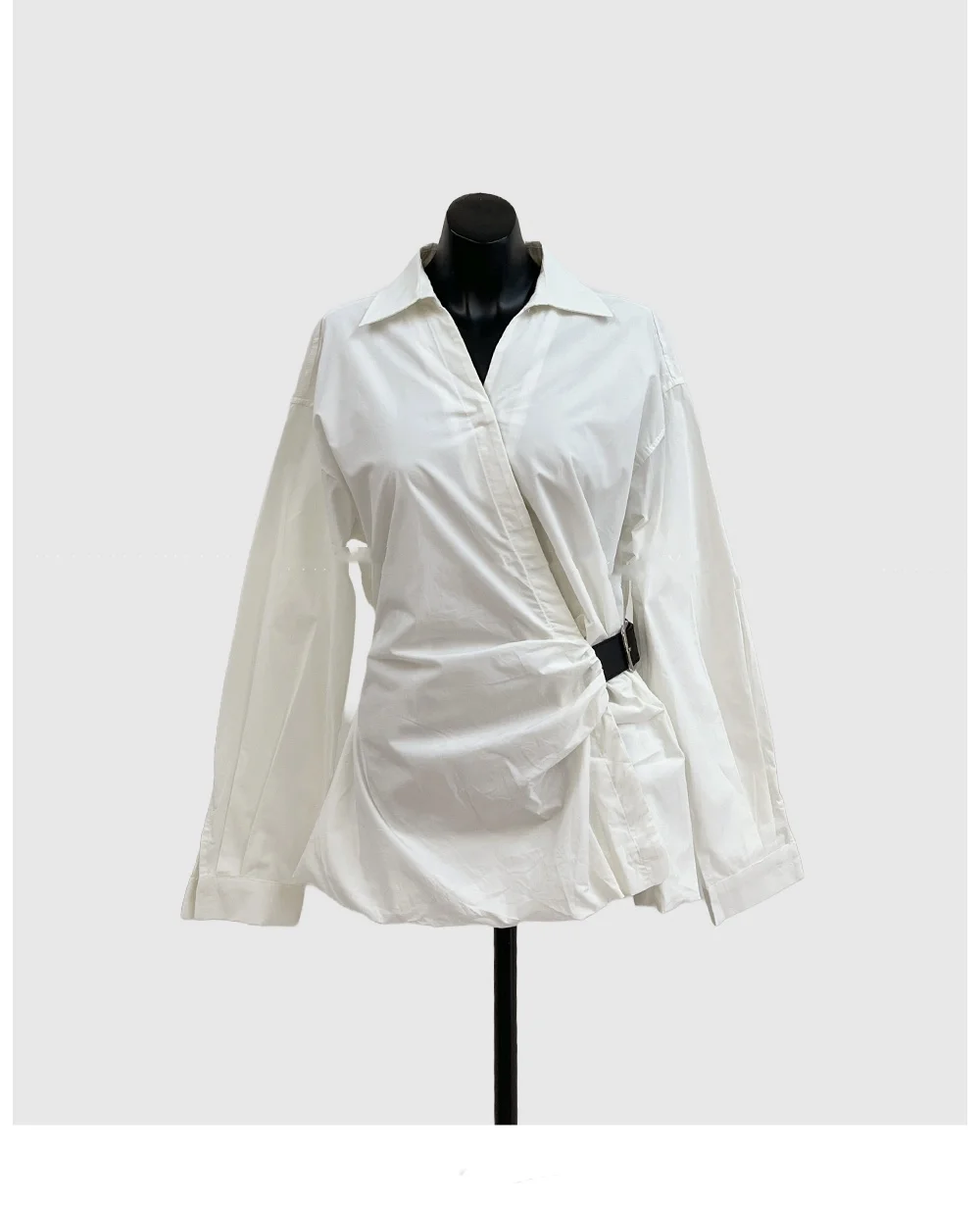 3 ألوان الخريف 2025 الكورية نمط رفض طوق قميص طويل الأكمام فضفاضة الدانتيل يصل حزام الخصر بلوزة الإناث أبلى القمم (JJ9920