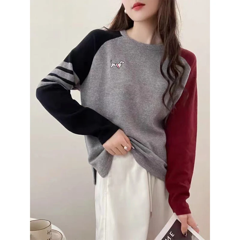 Autumn Winter Casual Fashion Long Sleeve Patchwork Pullovers Women Clothing Elegant O-neck Knit Sweaters Office Lady Loose Tops