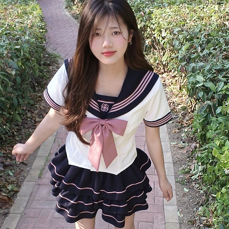 JK زي مدرسي البحرية طوق قصيرة الأكمام مطوي تنورة مجموعة الرغبة النقية اللون حجب الحلو لينة فتاة كلية نفخة الأكمام