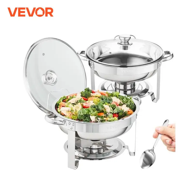 Vevor-aço inoxidável redondo Chafing Dish Set, Buffet Chafer com tamanho completo Pan, tampa de vidro, suporte do combustível, catering aquecedor, 4QT, 2 Pack