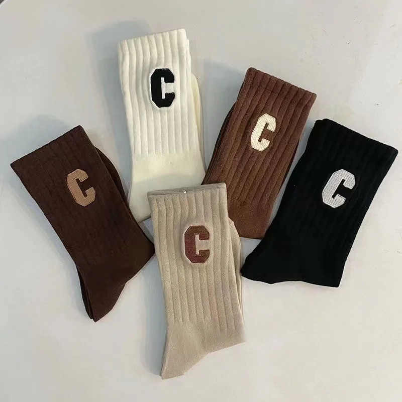 5 Pairs Women's C Letter Print Socks, Fashion Versatile Medium Tube Socks, Casual Comfortable Sports Funny Socks For Outdoor