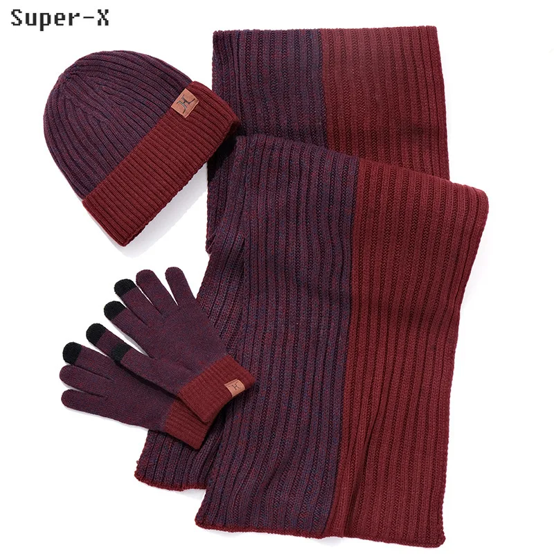 

3pcs Winter Hat Scarf Gloves Sets for Men Knitted Winter Cap for Man Long Scarf Glvoes Bicolor Fashion Hats Sets Male Gift Dad