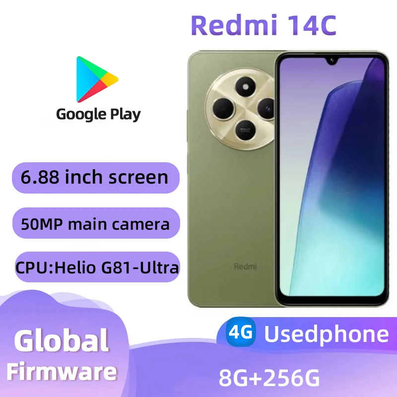 Redmi 14C 4g Android Smartphone 6.88-inches Screen CPU MediaTek Helio G81-Ultra ROM 256GB 50MP Camera Original Used Phone