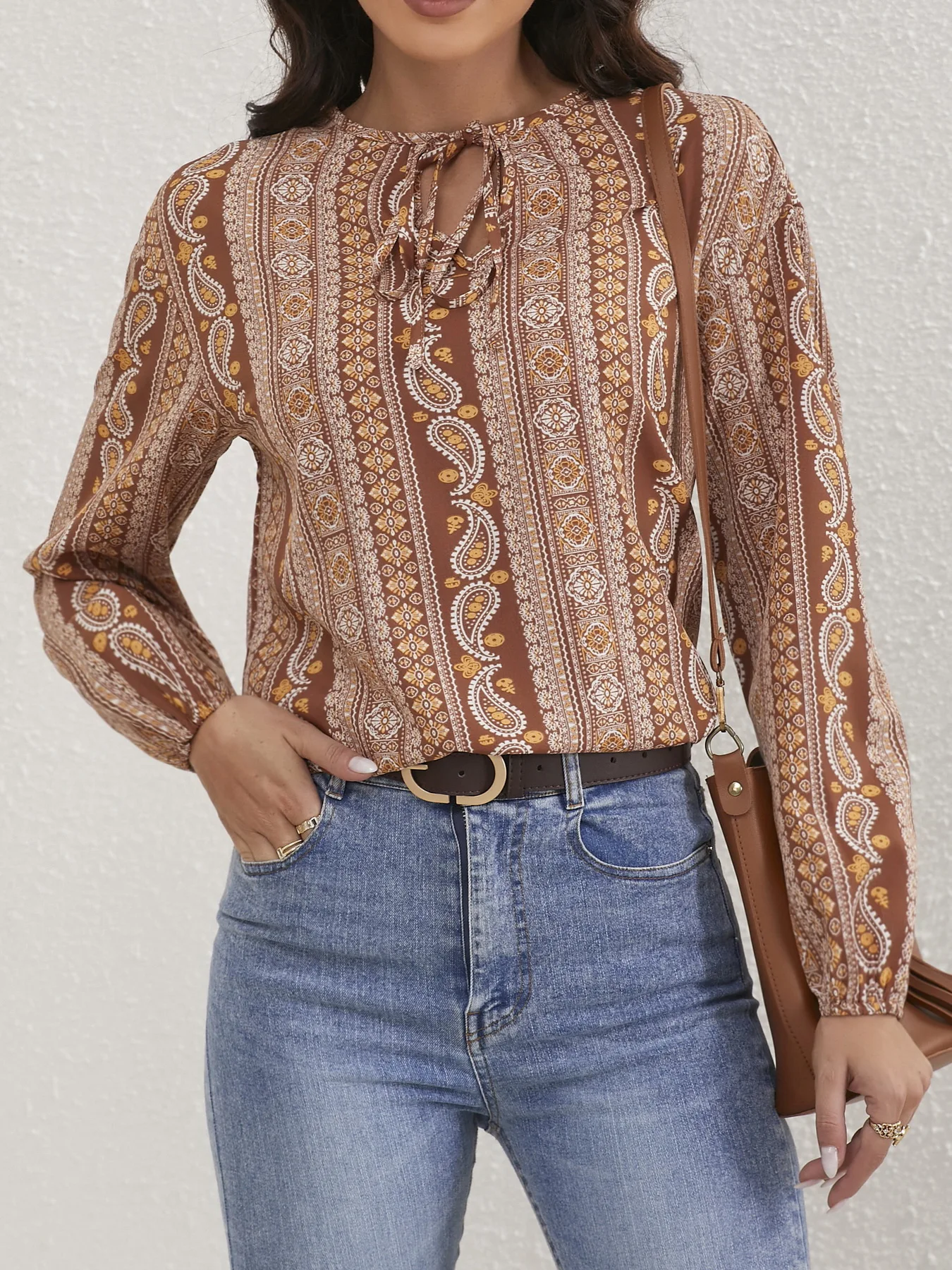 Ladies Paisley Print Tied Crew Neck Blouse Casual Long Sleeve Blouse Women Tops Shirts